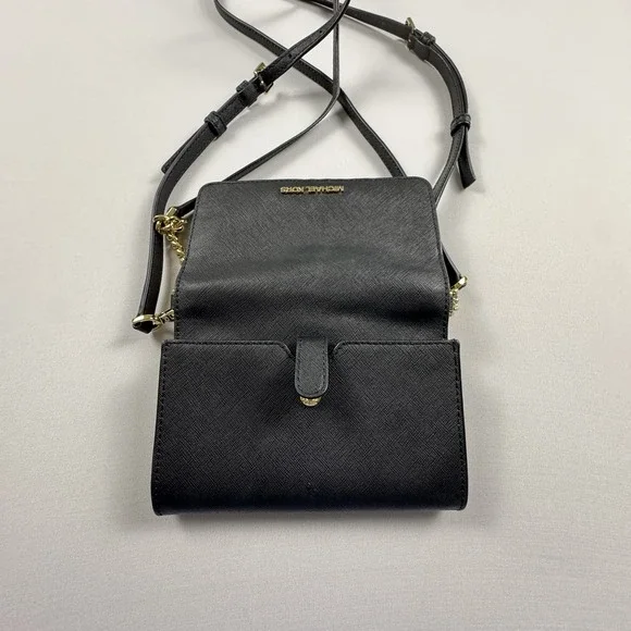 Michael Kors Jet Set Saffiano Leather Smartphone Crossbody Black Gold Timeless - Picture 10 of 10